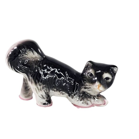 Vintage Ceramic Cat Figurine Black & White Stretch Pose Curled Tail Kitsch - Picture 1 of 8